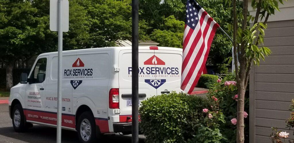 Rox Services van on site at a customer location in the Beaverton area — foodservice equipment repair